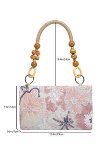 1pc Floral Sequin & Beaded Decor Woven Wooden Bracelet Handbag Retro Beach Style Women Zipper Shoulder Bag Suitable For Vacation Shopping Working - Multicolor - View 10