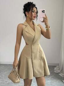 Vestido corto de verano casual de mujer de unicolor con doble botonadura y sin mangas - Caqui - Ver 7