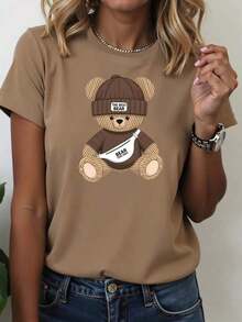 1 Bear Print T-Shirt - Soft, Breathable, Comfortable Cotton Blend, Short Sleeve, Casual Summer Sportswear, Easy Care, Quick Drying, Suitable For Outdoor Activities And Casual Wear, Casual Style, 100% Cotton, 180g, All Designs Are Printed. Unisex. - 預設圖 1 - 查看 12