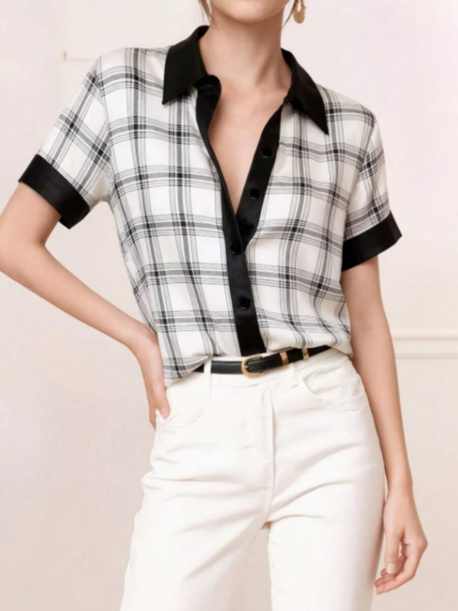 女士夏季黑白格子拼接短袖衬衫，纽扣开襟衫，透气面料，适合工作、休闲约会和日常穿着，修身休闲上衣，度假理想之选