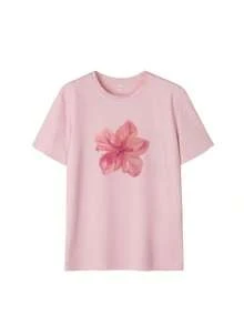 crew neck T-shirtCamiseta suelta de cuello redondo con estampado de hibisco en lavado ácido rosa, adecuada para verano, playa y vacaciones casuales - Negro - Ver 8