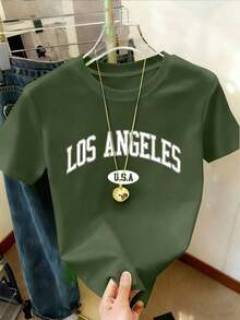 Camiseta de manga corta con estampado de letras para mujer, blusas gráficas para mujer - Verde militar - Ver 4