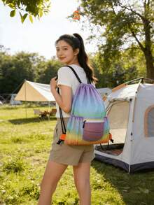Ombre Rainbow/Green Mesh Drawstring Backpack, Summer Breathable Beach Bag, Large Capacity Lightweight Gym Swim Drawstring Bag, Dual Use As Backpack & Drawstring Bag, Suitable For Sports, Beach, Commuting, Student Travel, Unisex - Multicolor - View 13
