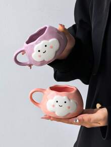 1pc Cute Cloud & Smiling Face Mug, Korean Ins Style Hand-Painted Adorable Ceramic Cup, Cloud Expression & Fashionable Lady Drinking Cup, Fun Cartoon Cute Coffee Mug, Tea Cup, Suitable For Home, Party, Birthday Gift, Souvenir - Multicolor - View 7