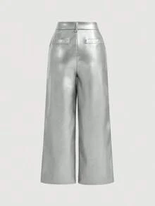 MOD Pantalones rectos de piel de poliuretano negros para una cita - Plateado - Ver 2