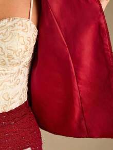 Chaqueta elegante de mujer con adornos de perlas y mangas cortas, para verano - Rojo - Ver 8
