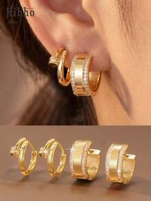 Hihho 4pcs Luxury Fashion Stackable Earrings Set, Geometric Design With Full Zirconia Ear Clips, Minimalist Elegant And Sparkling, Suitable For Commute, Daily Wear, Workplace, Light Social Occasions, Great Gift For Girlfriend - Earrings Set - View 1