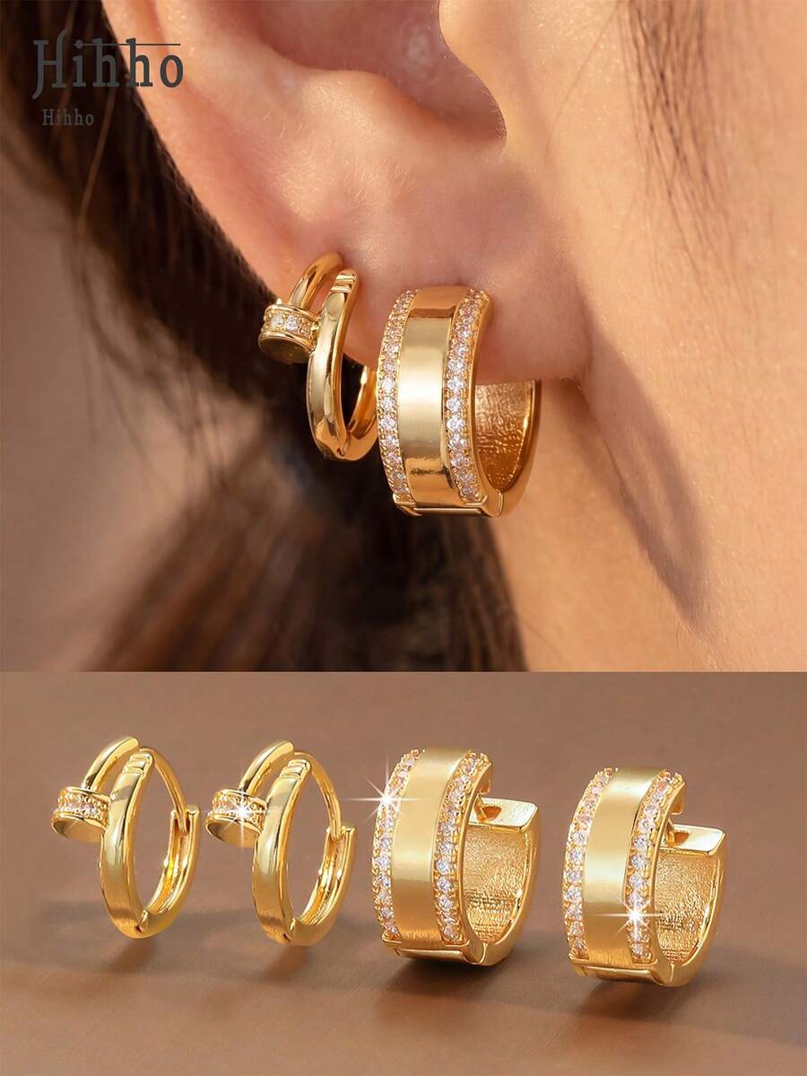 Hihho 4pcs Luxury Fashion Stackable Earrings Set, Geometric Design With Full Zirconia Ear Clips, Minimalist Elegant And Sparkling, Suitable For Commute, Daily Wear, Workplace, Light Social Occasions, Great Gift For Girlfriend - Earrings Set - View 1