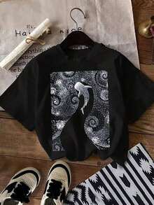 Unisex Oversized T-Shirt With Whale And Starry Sky Print - Casual Streetwear Style - 黑色 - 查看 1