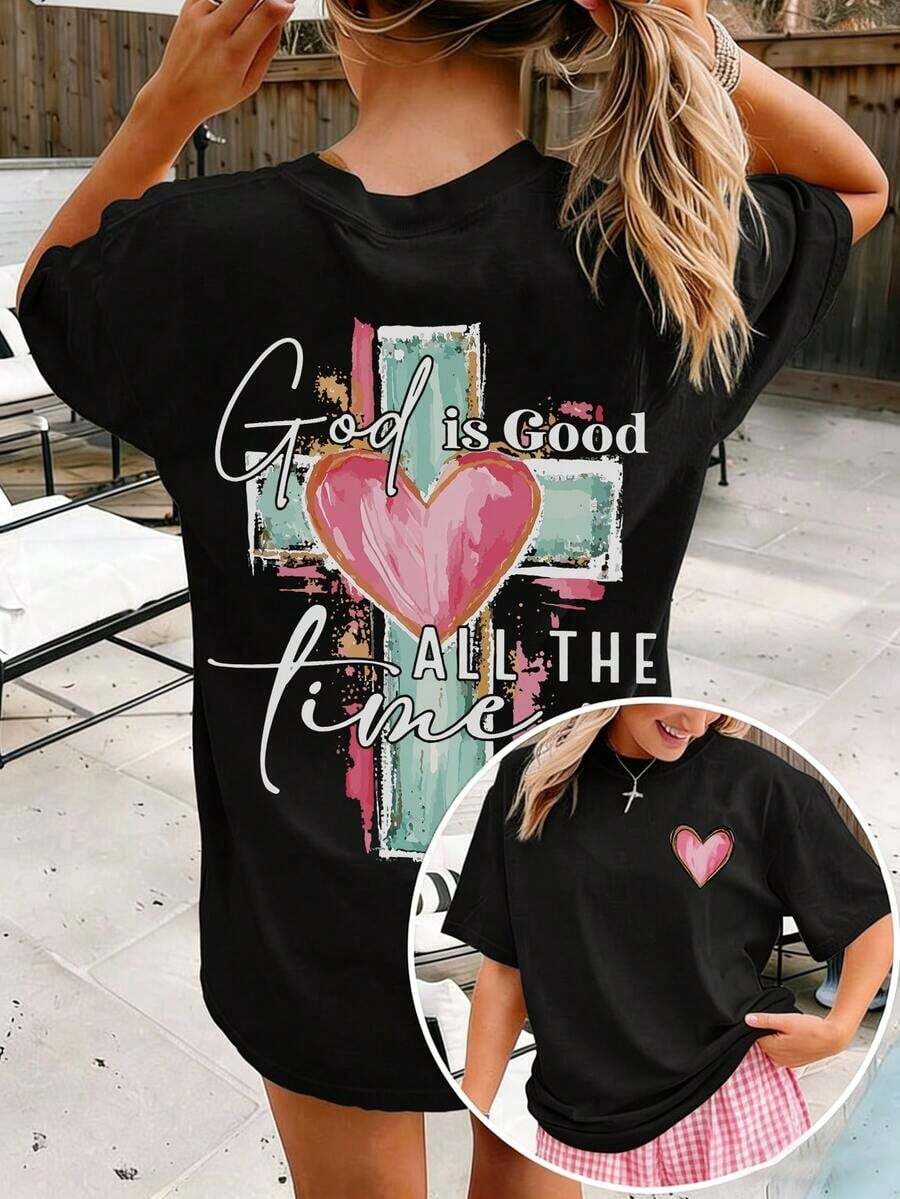 Nueva Camiseta Casual de Verano Ligera con Estampado de Letras y Cruz Dibujadas a Mano, Camiseta Religiosa Cristiana 'Dios Siempre Es Bueno', Ropa de Fe Unisex Casual de Manga Corta y Cuello Redondo - Estilo Urbano Vintage, Camiseta Unisex Holgada de Algodón de Manga Corta y Cuello Redondo - Negro 3 - Ver 1