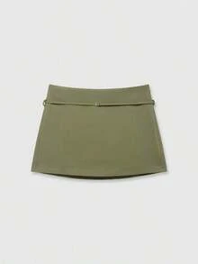 Falda pantalón negra de unicolor minimalista para uso casual, oficina y viajes, con hebilla y cinturón, para verano - verde musgo - Ver 7