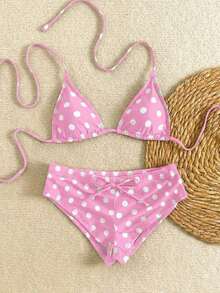 Nuevo conjunto de bikini con estampado de lunares sexy, espalda descubierta y lazo, con tirantes de espagueti para playa y piscina en vacaciones - Rosa - Ver 2