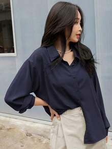 Camisa con botones y hombros caídos, blusa de manga larga para mujer en otoño - Azul marino - Ver 7