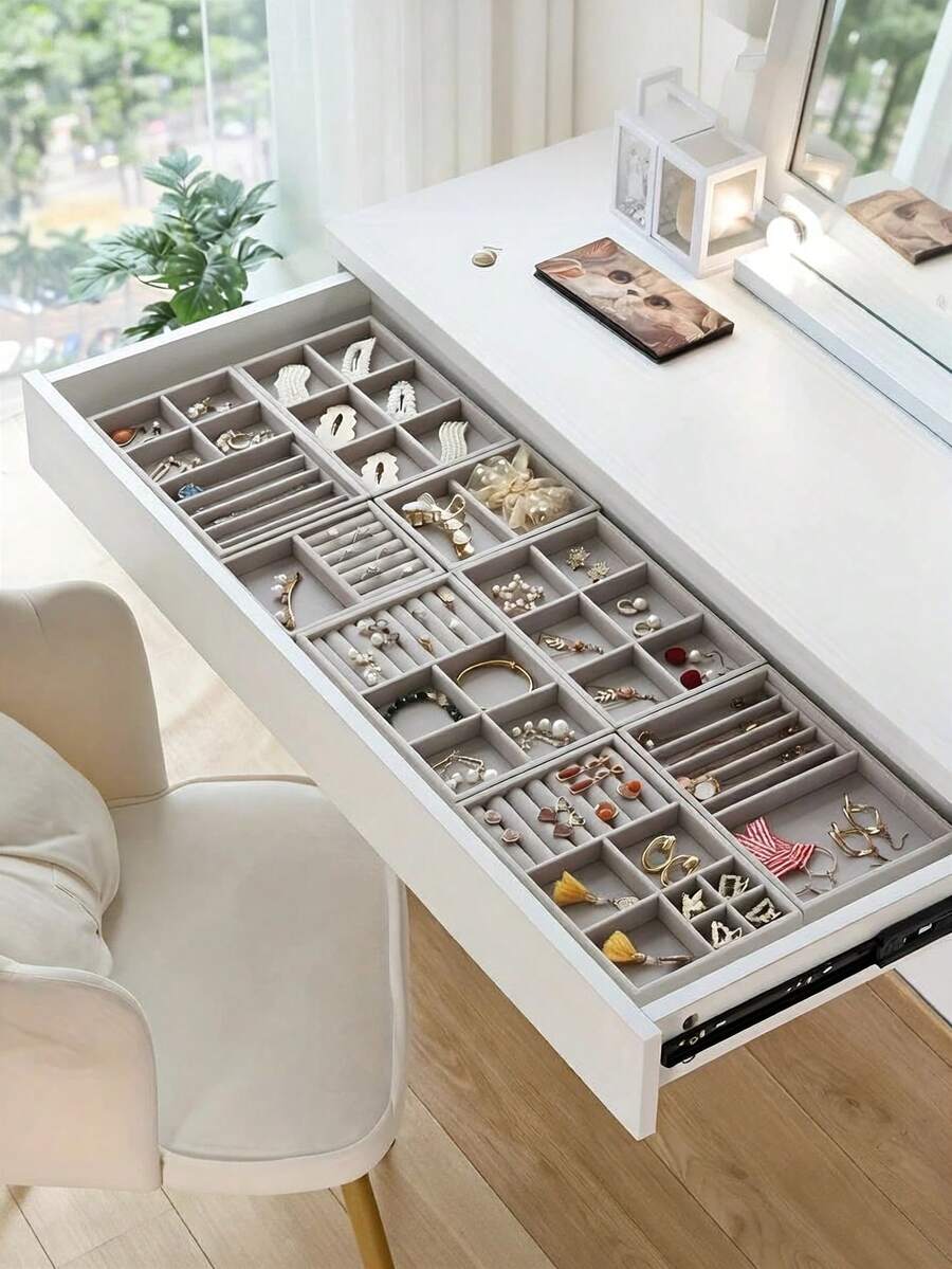 1/3/5pcs Velvet Jewelry Tray, Large Capacity Jewelry Storage Box With Independent Compartments, Stackable Jewelry Display Rack, Suitable For Earrings, Necklaces, Bracelets, Rings, Hair Clips, Headbands, Perfect For Valentine's Day/Back To School Season