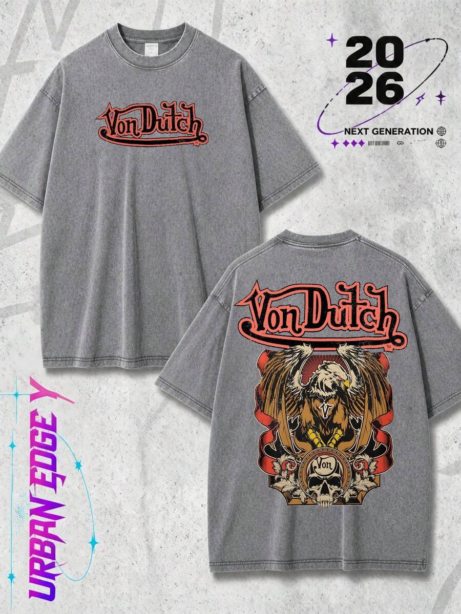 Men Grey Vintage Wash Streetwear Brand Street Style 100 Percent Cotton T Shirt Vons Dutchs Eagle Skull Graphic And Text Casual Outfits Front And Back Print Retro Heavyweight Tee Perfect Gift Loose Comfortable Breathable Machine Washable Fabric Hip Hop Cool Style Drippy Clothes Y2K - 灰色 - 查看 1
