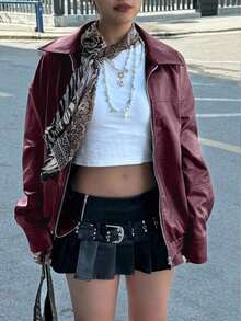 Chaqueta informal, suelta y de manga larga para mujer, estilo motorista edgy, para otoño/invierno - Burdeos - Ver 5