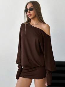 Vestido corto y ajustado de manga larga, asimétrico y sexy para mujer, para festivales de música y estilo streetwear moderno - Gris Oscuro - Ver 4