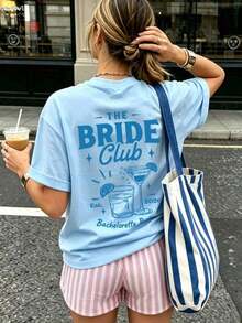 1 camiseta de manga corta holgada para mujer, con estampado para despedida de soltera, ideal para fiestas, playa, calle, uso diario, trabajo, reuniones de oficina, salidas, carnaval, festivales de música, Día de San Valentín y otras ocasiones festivas. Hermosa Blusa de Estilo Femenino, Ropa de Vacaciones para Mujer. Ropa de oficina elegante para mujer, top bonito, atuendo de vacaciones para mujer, vestido para cita nocturna para damas, top elegante para mujer, ropa casual de verano para mujer, atuendo de vacaciones para mujer. Blanco - Azul claro - Ver 5