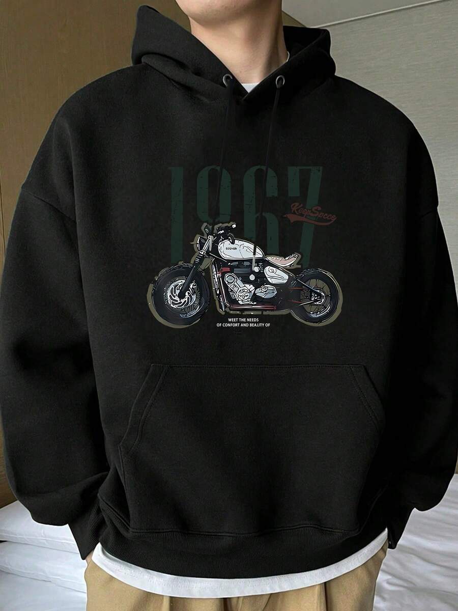 [95% Algodón, 5% Spandex]Sudadera con capucha y cordón ajustable, bolsillo y hombros caídos, estampado "1967 Motorcycle", sudadera de otoño para hombre, corte holgado, fabricada en fábrica - Ropa diaria unisex para mujer y hombre. - Negro - Ver 1