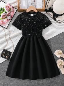 Girls' Fashionable Sequin Dress, Minimalist Elegant Elegant, Suitable For Outdoor Travel, Party, Performance, Spring/Summer - Black - View 1
