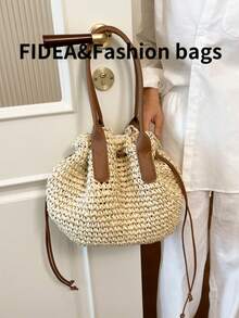 Nuevo bolso de paja de gran capacidad para vacaciones de verano para mujeres, con cierre de cuerda hueca anudada, casual y elegante, versátil, adecuado para la playa, vacaciones y otras ocasiones - Blanco - Ver 6