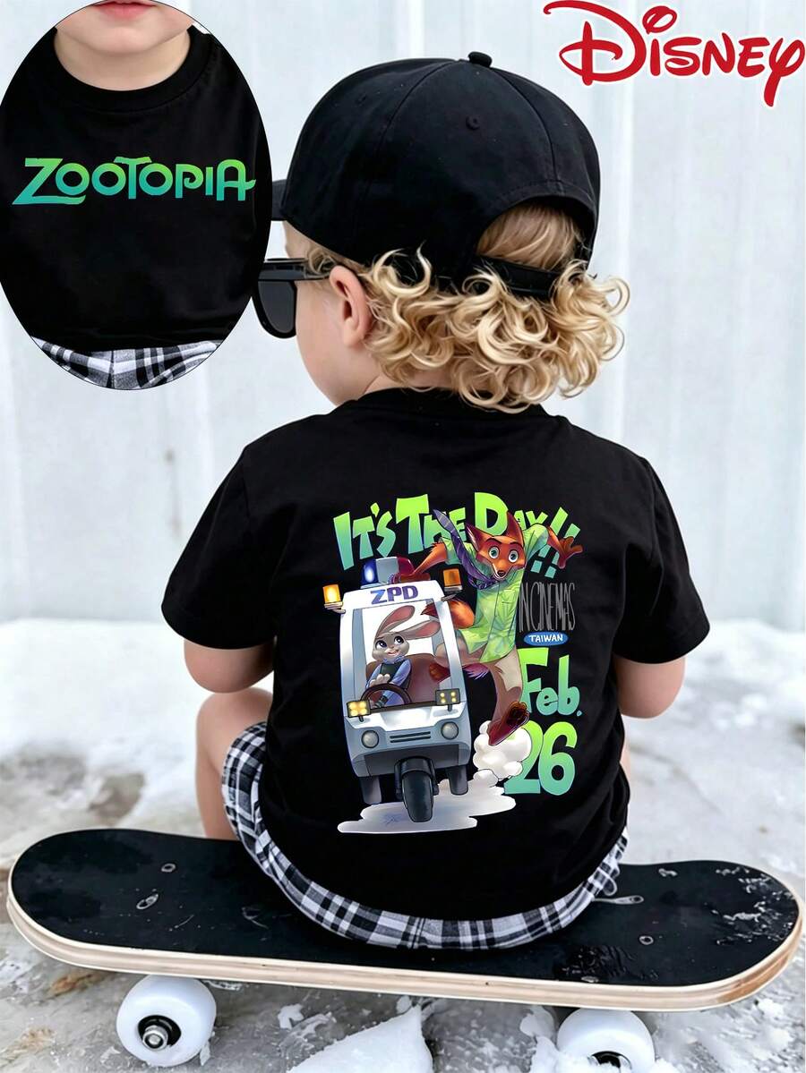 Disney Official Licensed Baby Boys Tops, Short-Sleeved T-Shirt, Zootopia Judy & Nick Pattern Printing, Summer Breathable Comfortable Short Sleeves, Kids Cartoon Casual T-Shirt - 黑色 - 查看 1