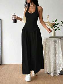 Vestido de escote en V profundo francés, sexy, con detalle de halter, empalmado y con la cintura fruncida - Negro - Ver 6