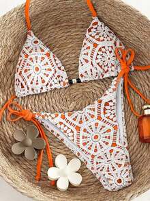 73PC Nuevo conjunto de bikini de 2 piezas de lujo y elegante Swim Vcay, con encaje de ganchillo blanco y triángulo caramelo/marrón. Parte superior de natación con cuello de halter y acentos de cuentas de madera, tanga sexy de corte alto para traje de baño/bañador de verano para playa, piscina, vacaciones, estilo retro Y2K Spice Hot Girl, festival de música, salidas a la tropical y vibraciones modernas - Azul - Ver 3