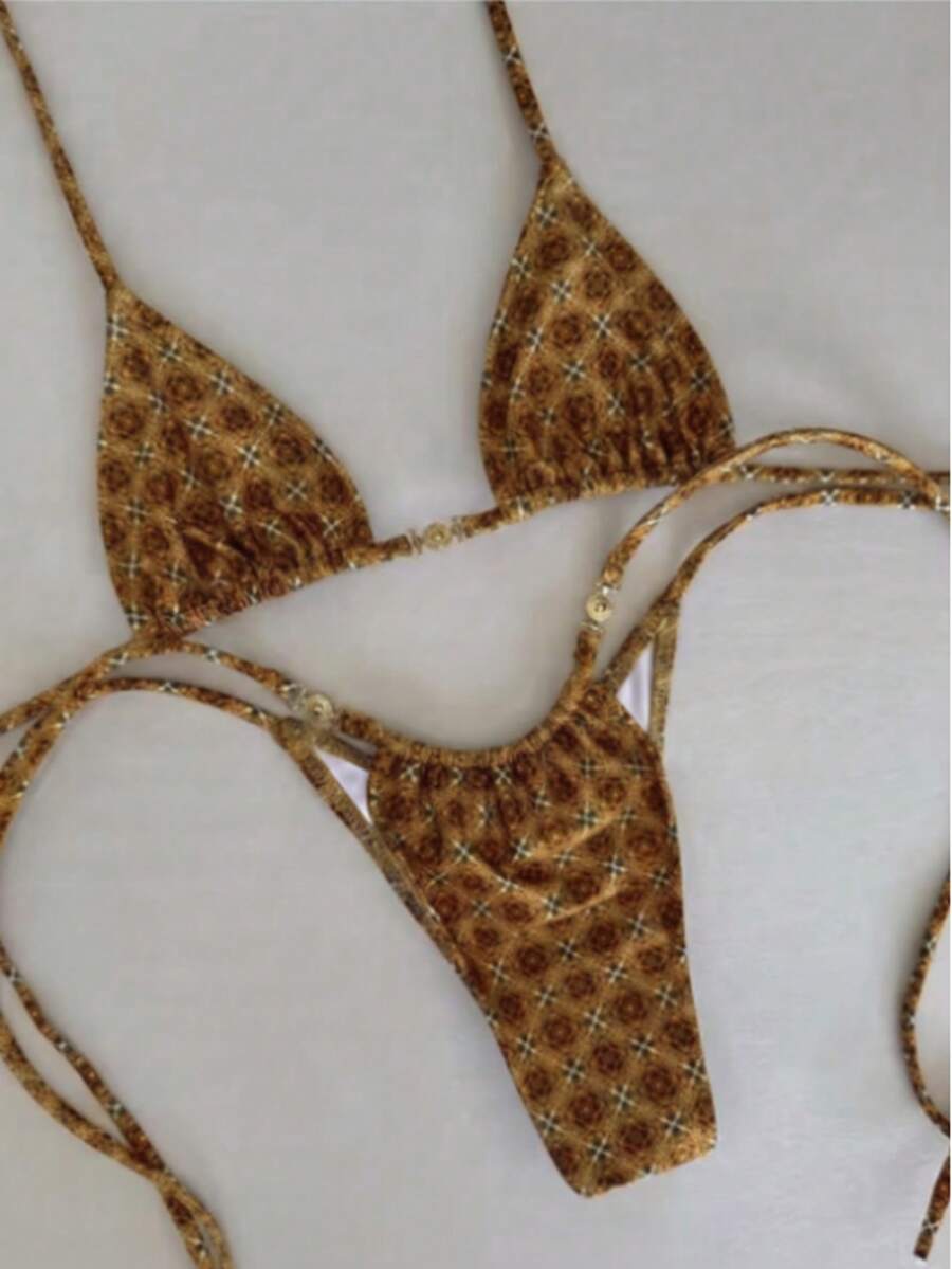 Bộ bikini kẻ caro nâu thanh lịch mới về mùa xuân/hè, trang trí khóa kim loại, gợi cảm, duyên dáng, thích hợp mặc đi biển, đi nghỉ mát hoặc hẹn hò. - Nhiều màu - Xem 1