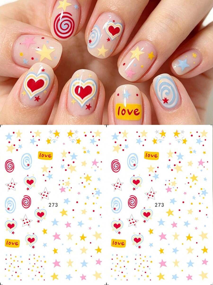 FULL BEAUTY 2pcs/Set Korean Style Mini Dotted Star Stickers, Cute Heart Fingerprint Design Nail Art Decals, Summer Nail Decorations - Multicolor - View 1