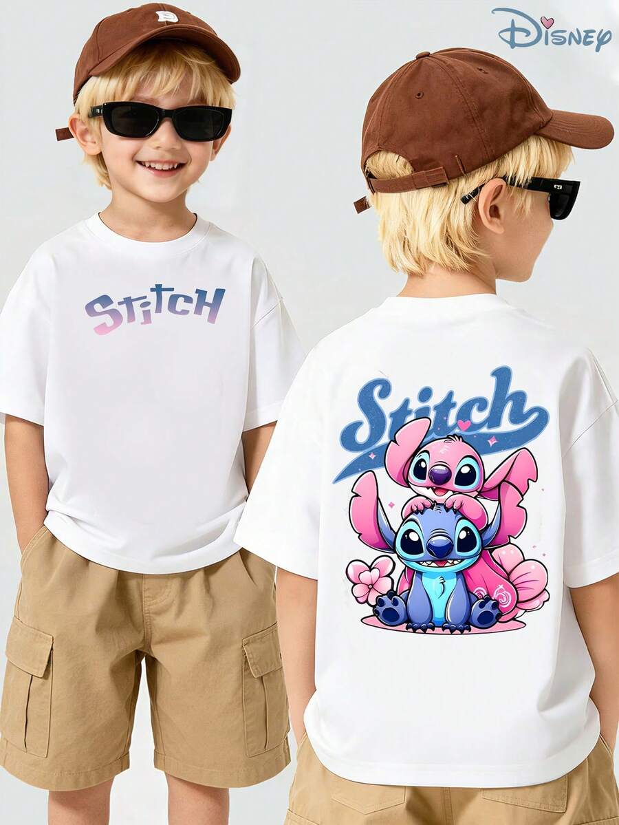 Boys' Disney Lilo & Stitch T-Shirt, Kids Cute Love Couple Graphic Tee, Soft Breathable Casual Top For Boys, Perfect For Everyday Play, Playdates, Theme Parks, Backyard Fun & After-School Activities - 白色 - 查看 1