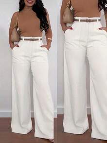 Pantalones casuales de pierna recta y cintura alta de moda para mujer, primavera - Blanco - Ver 6
