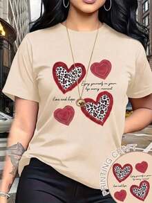 Camiseta Casual de Manga Corta con Cuello Redondo para Mujer, con Estampado Gráfico de Corazones de Guepardo para un Look Adorable WF9K - Caqui - Ver 2