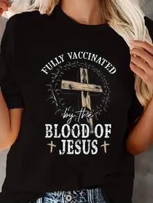 1 Piece Of Women's Round Neck T-Shirt, Funny Letter Print And Bloody Jesus Design, Short Sleeve Printed T-Shirt, Loose Casual Style T-Shirt, 180g 100% Cotton. - 黑色 - 查看 6