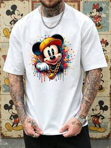 Disney Men's Hip Hop Mickey Mouse Graphic T-Shirt, Crew Neck Short Sleeve Casual Tee, Retro Graffiti Streetwear Print Top For Men - trắng - Xem 3