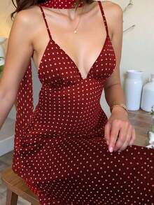 Vestido de tirantes con lunares sexy y espalda descubierta para mujer en verano - Burdeos - Ver 4