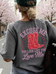 Women's Short-Sleeved T-Shirt With A Round Neck And Custom Print Of Red Summer Boots, Western Style. Casual Women's T-Shirt With Pink Print, 100% Cotton. - 深灰色 2 - 查看 6