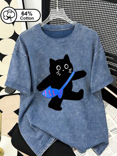 Camiseta de manga corta con estampado de gato llevando un pez, de estilo vintage y desgastado, para mujer de talla grande, conjunto de ropa de playa de verano