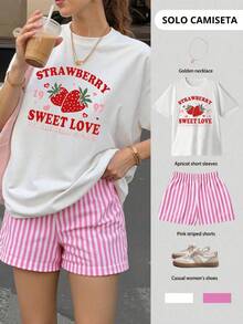 Blusa oversize con estampado de fresa y letras verano fresco amigos divertido - Blanco - Ver 1