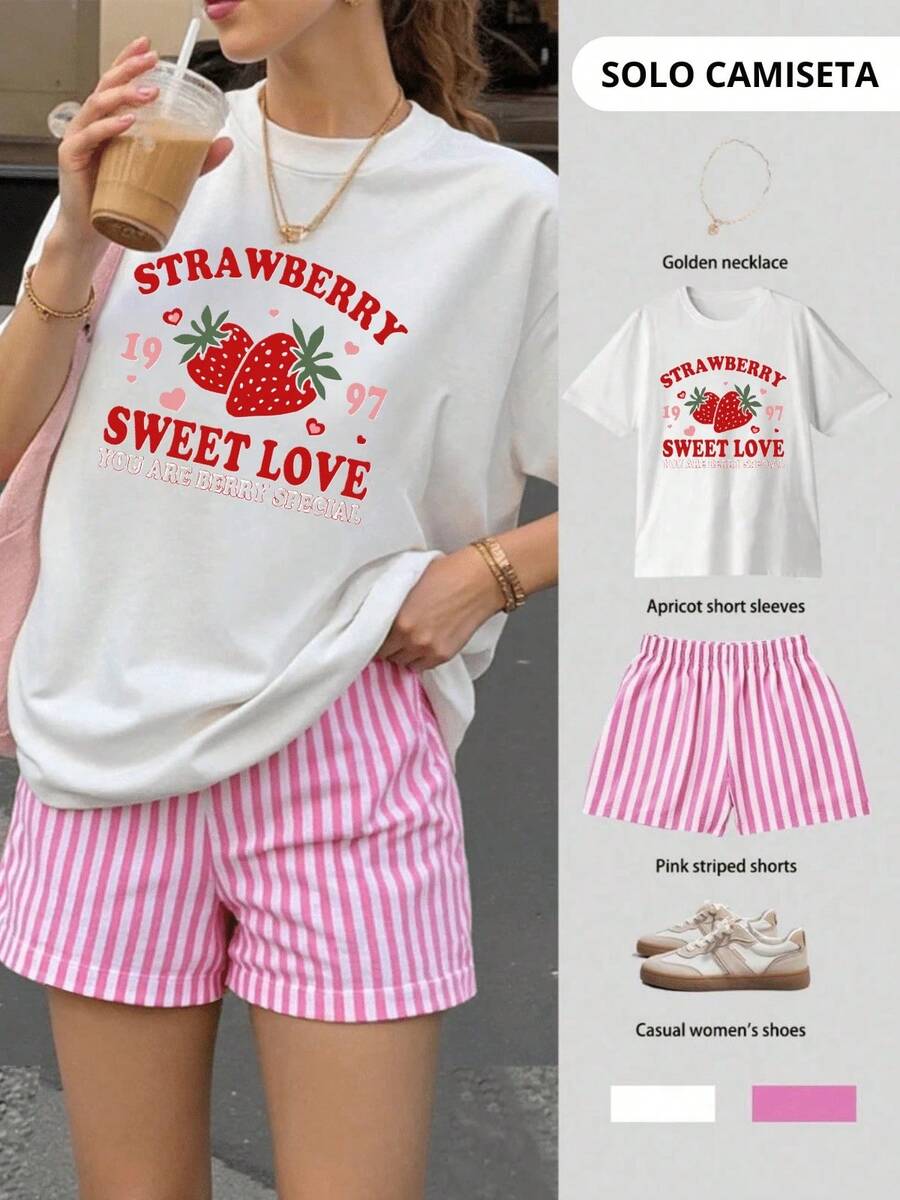 Blusa oversize con estampado de fresa y letras verano fresco amigos divertido - Blanco - Ver 1