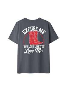 Camiseta de Cuello Redondo con Estampado Gráfico Personalizado de Botas Rojas de Verano para Mujer, Estilo Occidental, Casual - Gris Oscuro - Ver 3