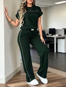 Conjunto de 2 piezas de mujer con top de cuello redondo de unicolor minimalista de manga corta y pantalones rectos de cintura alta, elegante para primavera/verano - Verde oscuro 1 - Ver 6