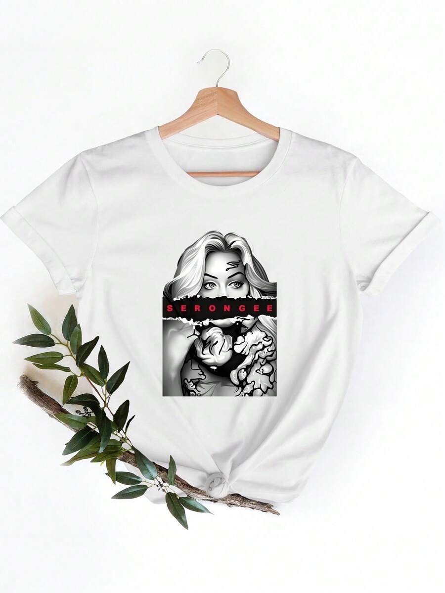 Vit T-shirt med Strongee-mönstertryck, vardagskläder lämpliga för fester och vardagsbruk, perfekt för semester och lek, street style, trendigt mode, utmärkt för fester och familjesemester, festivalkläder för kvinnor, sommarkläder, sommaroutfits, toppar. - Vitt - Visa 1