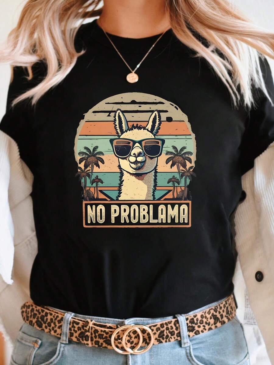 Camiseta de manga corta para mujer con cuello redondo y estampado gráfico de alpaca, genial y con estilo, ideal para salidas informales y regalos de vacaciones.Presenta un estilo vintage, relajado y divertido que transmite una actitud. - Negro - Ver 1