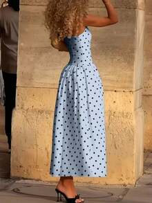 2026 Nuevo vestido elegante, sexy y casual de primavera/verano para vacaciones, fiestas de té, festivales de música country, con volantes en la cintura, tirantes a lunares, color blanco - Azul - Ver 6