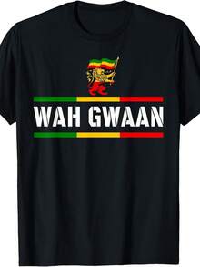 Wah Gwaan Jamaica Fari Roots Jamaican Reggae T-Shirt | Same Style For Men And Women, Summer 2026, Short Sleeve, Printed, Plain, Crew Neck, Slightly Stretchy, Regular Fit, Vintage Style, Graphic Pattern. Cotton T-Shirt. - 黑色 - 查看 8
