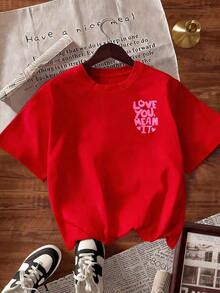 Camiseta casual de mujer de cuello redondo y manga corta con estampado de letras - Rojo - Ver 2