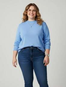 Vivi Women's Plus Size Wool Sweater For Cold Weather, Basic Knit, Long Sleeve - Baby Blue - View 1