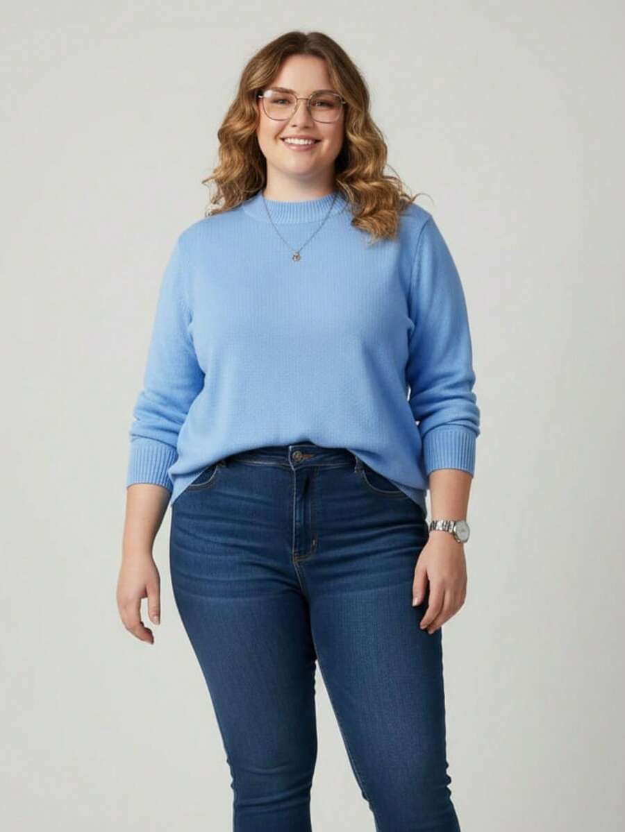 Vivi Women's Plus Size Wool Sweater For Cold Weather, Basic Knit, Long Sleeve - Baby Blue - View 1