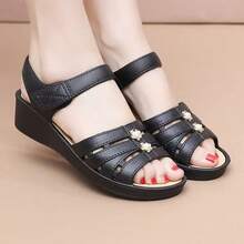 Women's Summer Sandals - Casual Solid Color, Breathable Hollow-Out Design, Hook And Loop Closure, Flat Heel Beach Shoes, Multifunctional Flat Sandals | Comfortable Fit - Black - View 4